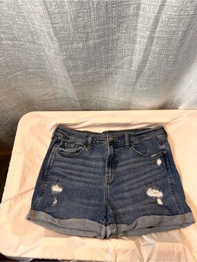 High-Rise Distressed Blue Denim Rolled-Hem Shorts size 10